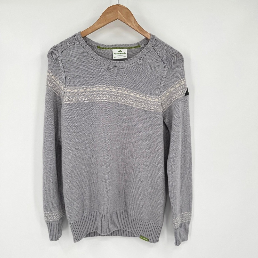 Kathmandu Light Grey Fairisle Crewneck Long Sleeve Knit Wool Sweater Women's 10